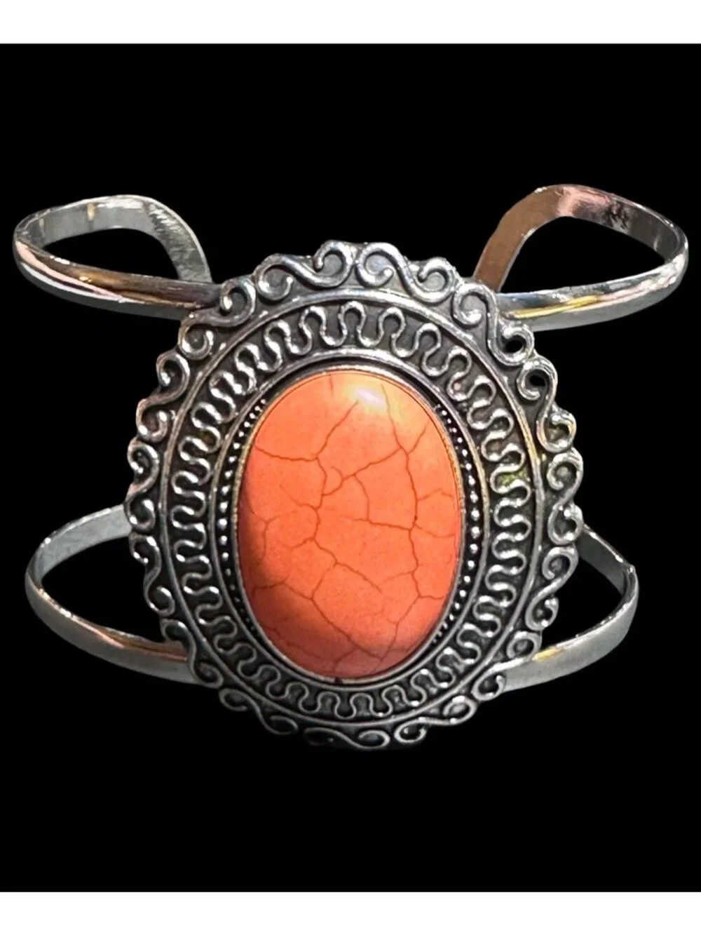 Cuff Bracelet Southwest Boho Style Silver Tone Orange Peach Center Womens NWOT